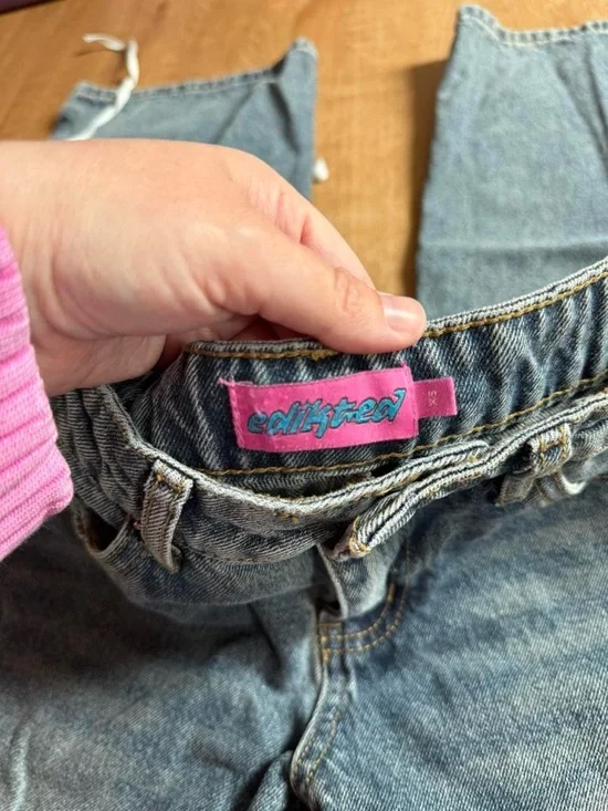 Edikted Wide Leg Jeans XS Ribbon Tie Side Stripe Y2K Baggy Denim - Picture 5 of 5